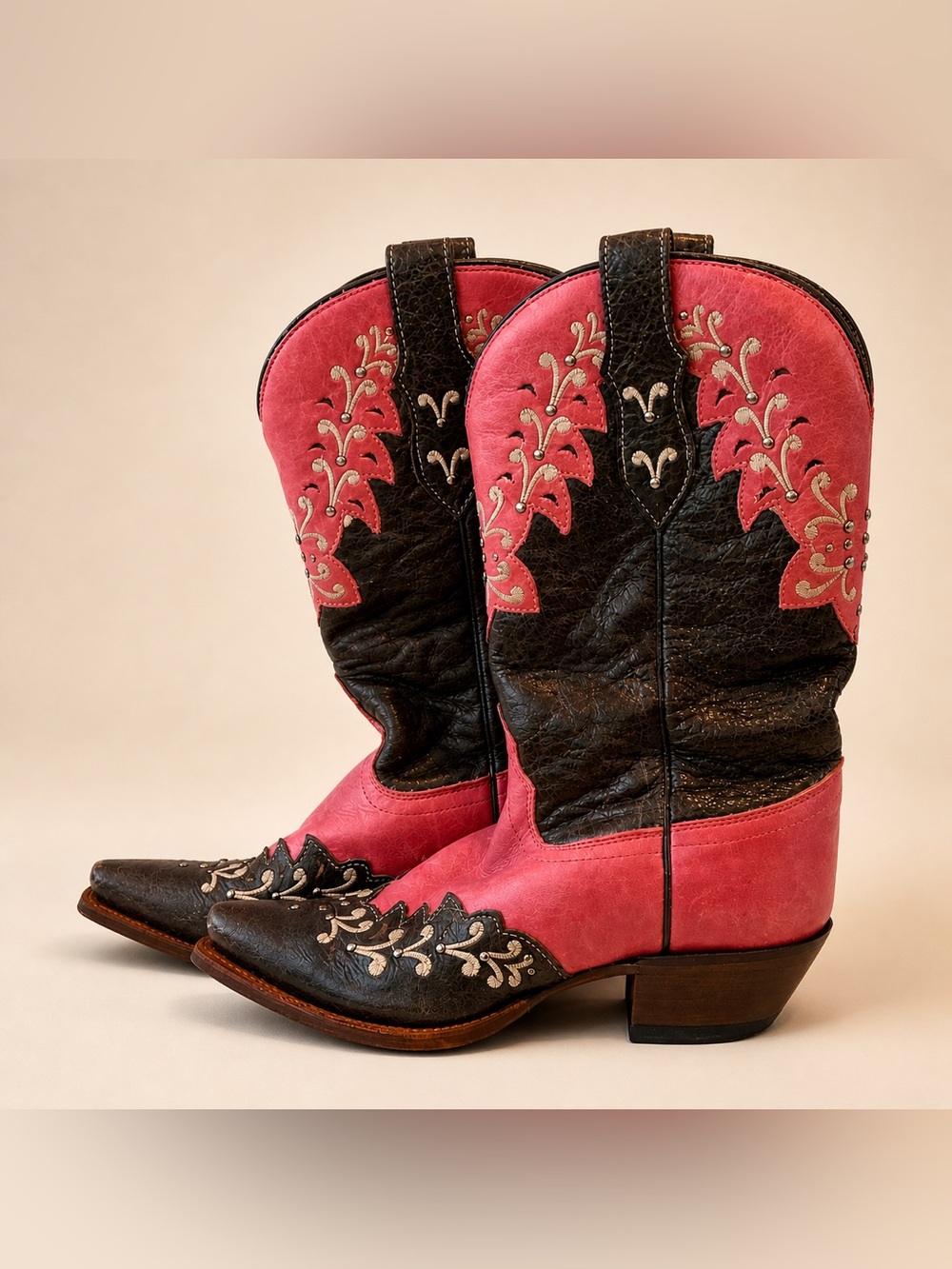 Tony Lama Women’s Cowboy Boots – Pink & Brown Embroidered, Size 5 B